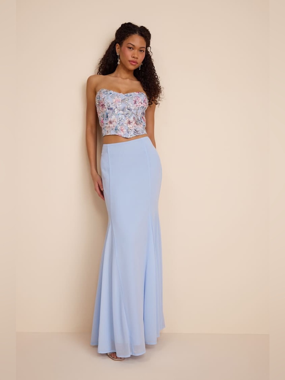 Lulu’s Jenna Light Blue Embroidered Strapless Two-Piece Maxi Dress